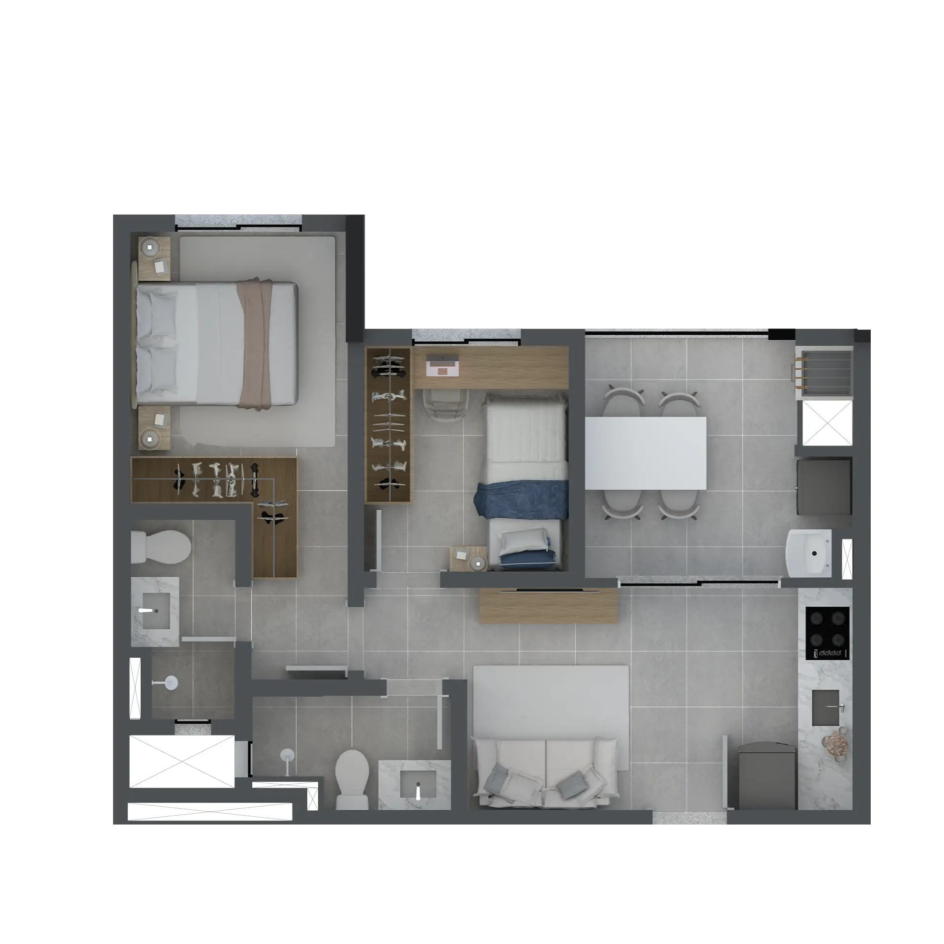 Planta final 1, 2 quartos com suíte, 47,12 m²
